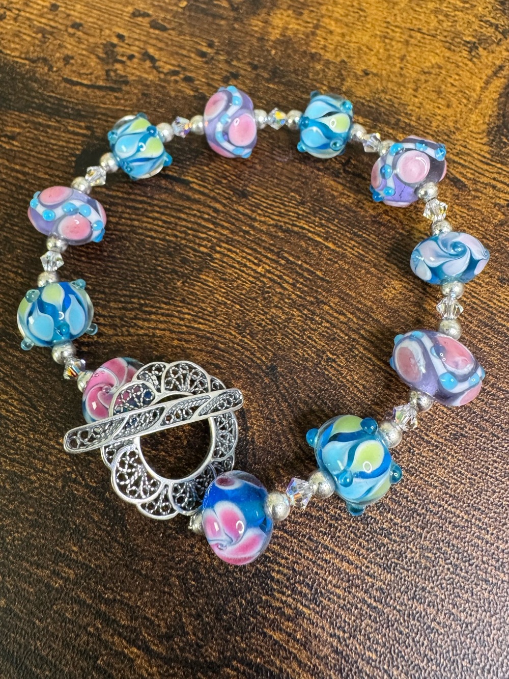 Vintage JBB Pink & Blue Lampwork Bead Bracelet Sterling Silver Filigree Toggle